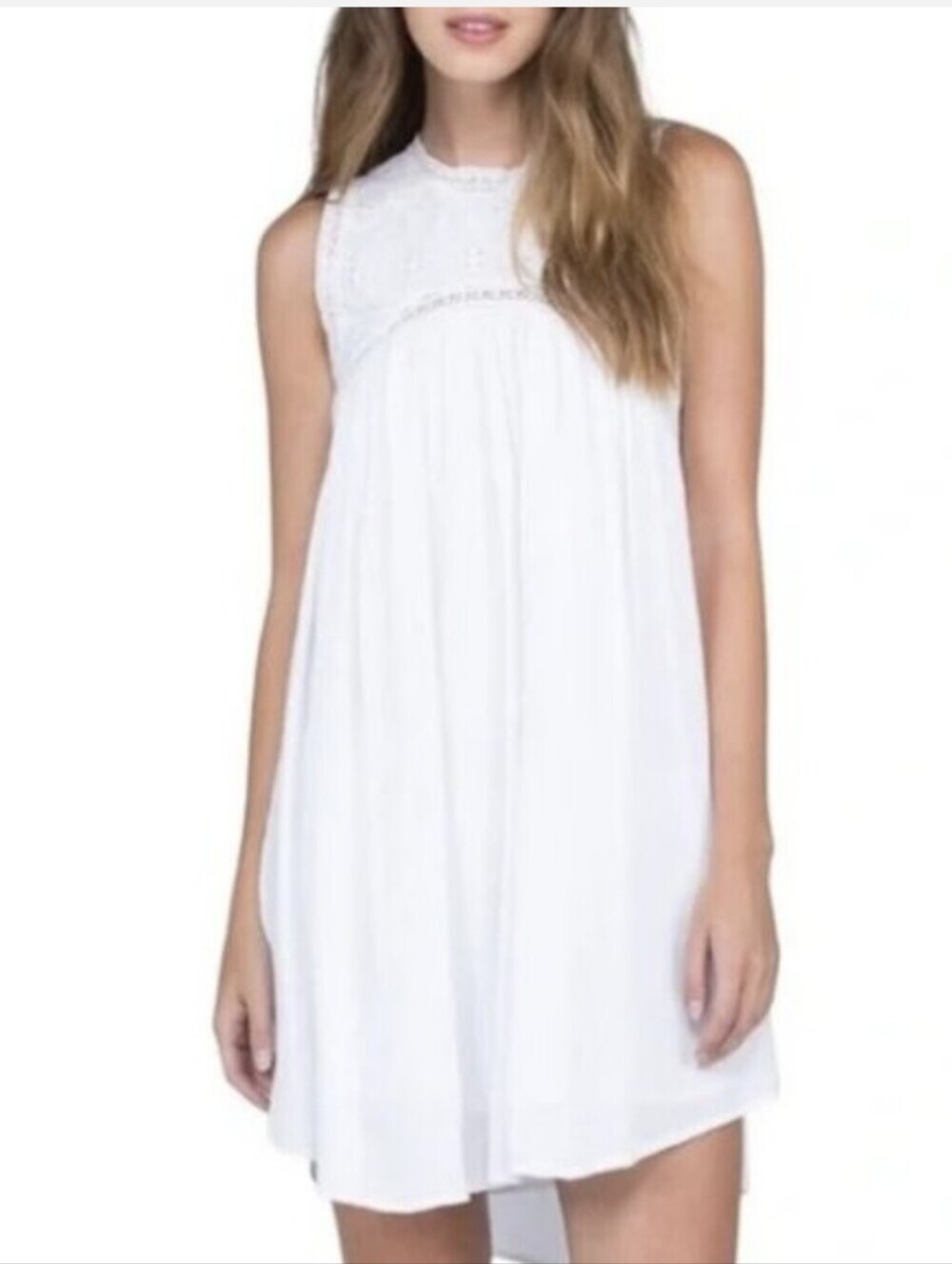 Volcom Size L Eyelet Lace Mini Shift Dress 100% Cotton High Neck Boho Sleeveless
